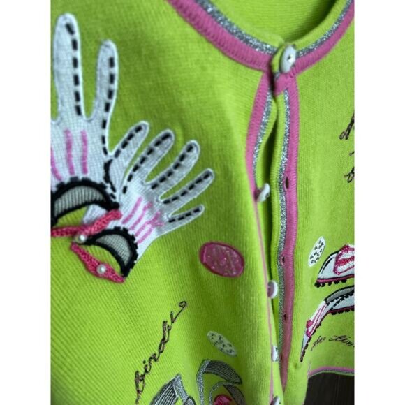 Berek Golf Sweater Cardigan Green Pink Beaded Embroidered Women’s L - Picture 10 of 11